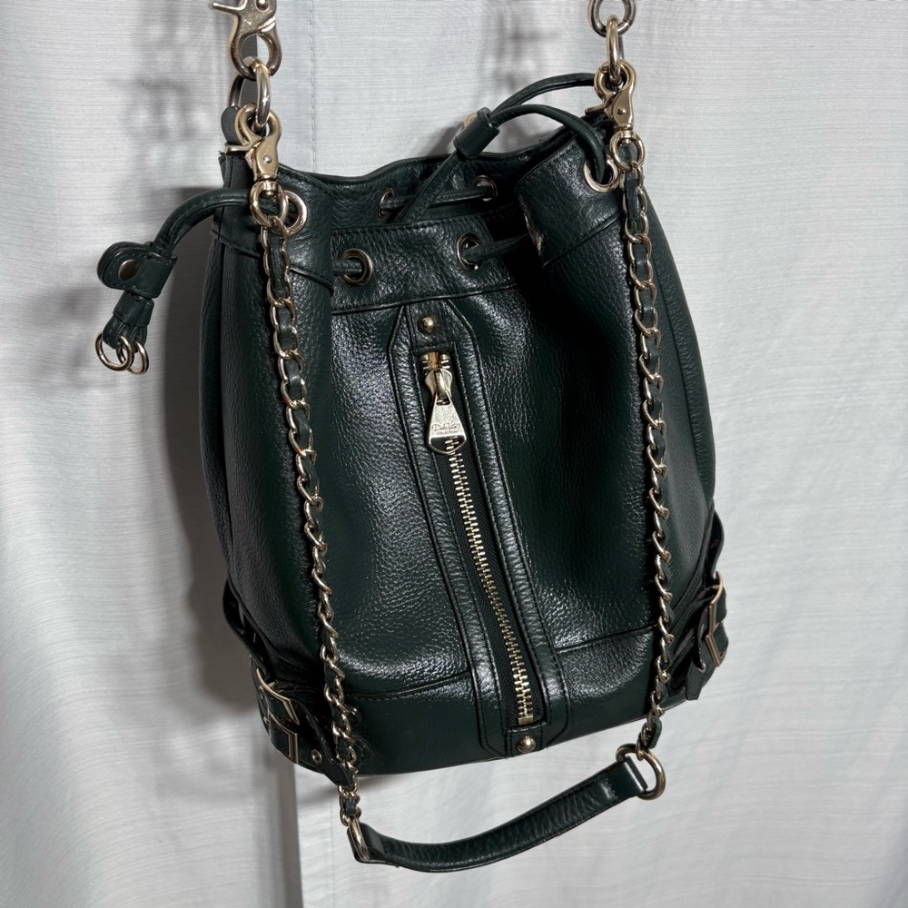 Dolce‎ Vita Dark Green Leather Bucket Bag Crossbody Chain Strap Boho Chic Lux
